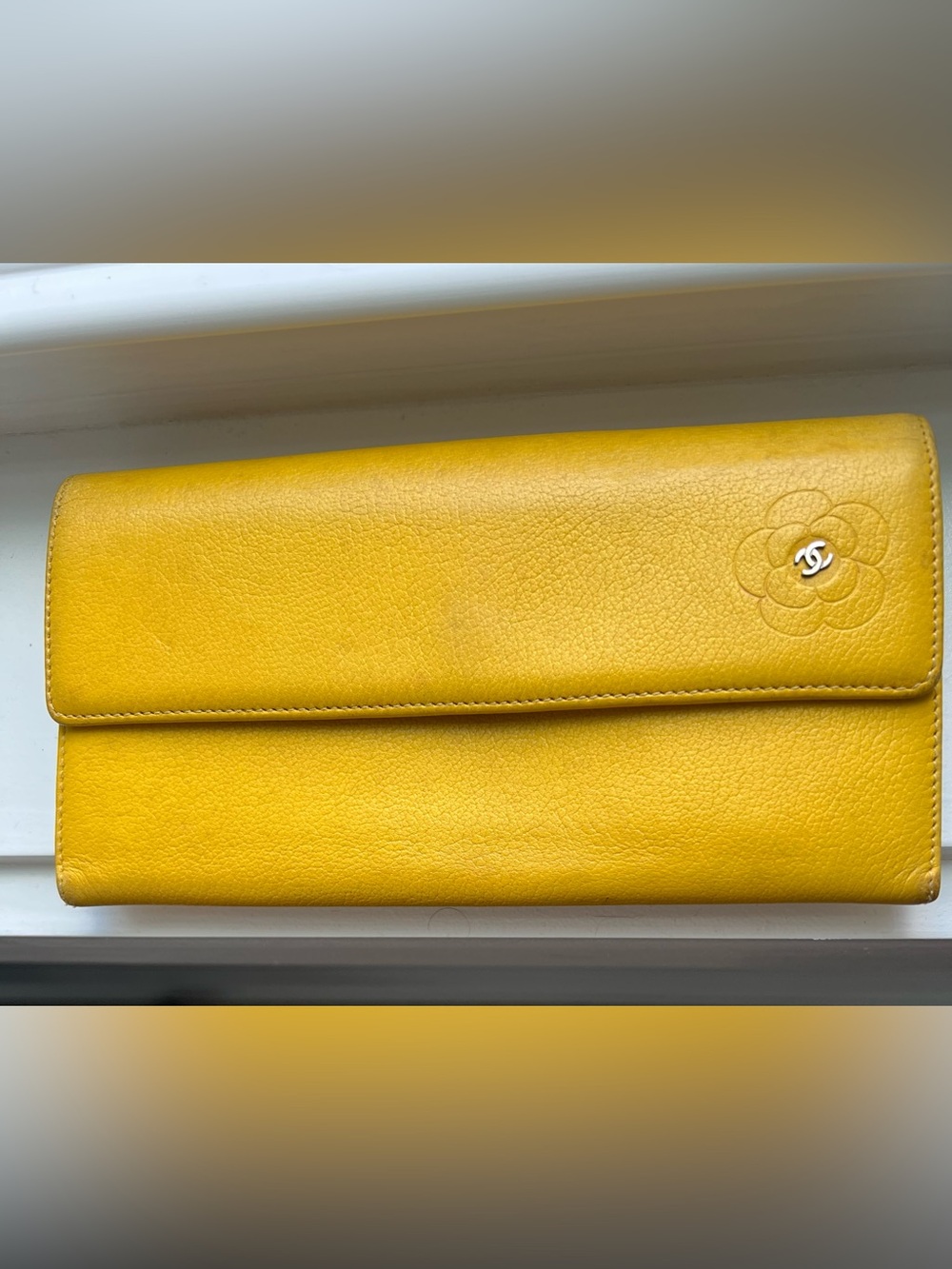 CHANEL Yellow Leather Flap Wallet with Camellia Detail